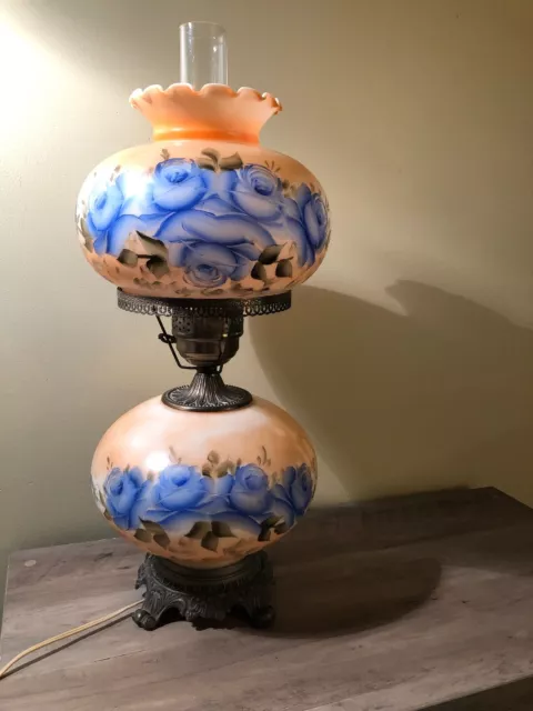 Vtg GWTW Parlor Electric Table Lamp 3 Wy Light Victorian Antique Blue Rose HEDCO