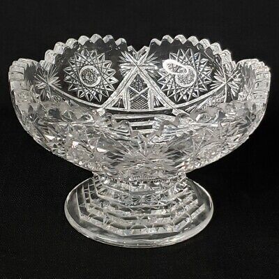 Vintage American Brilliant Cut Glass Crystal Compote / Candy Bowl Sawtooth Edge