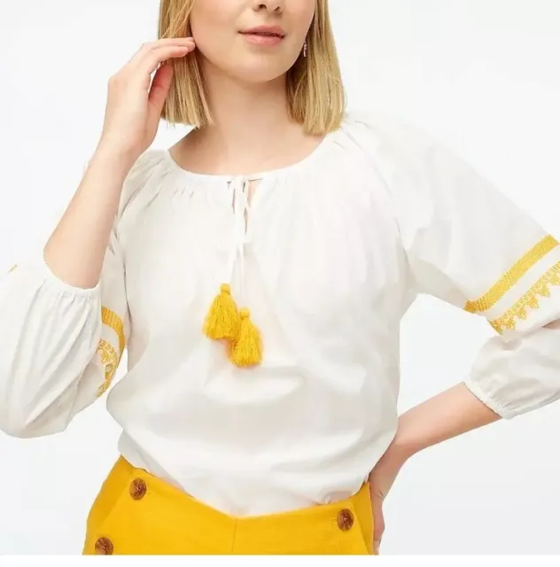 New J. Crew Women’s Blouse Tunic embroidered White Yellow, Size XS