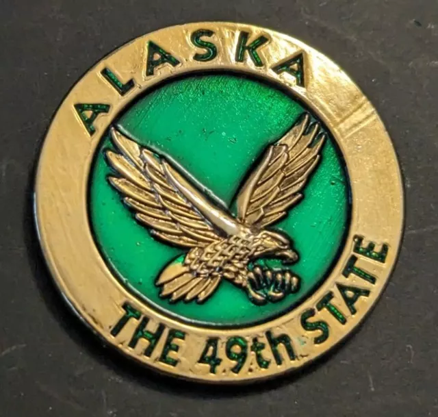New "Alaska The 49th State" Eagle In Flight Green & Gold Souvenir Lapel Pin