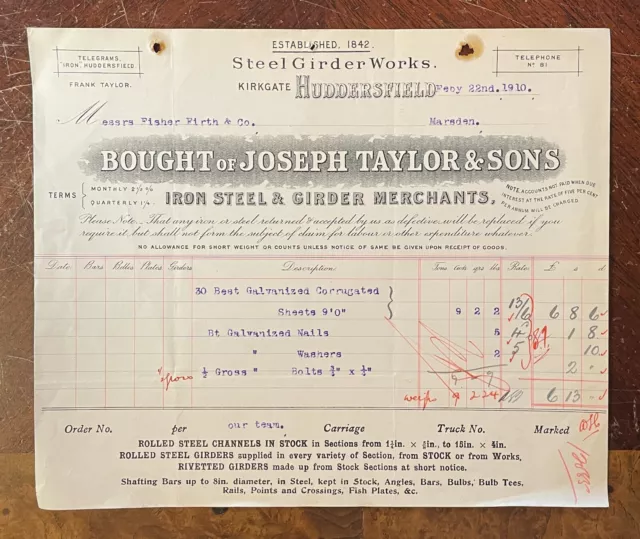 1910 Joseph Taylor & Sons, Iron & Steel Girders, Kirkgate, Huddersfield Invoice