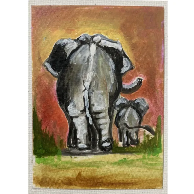 ACEO ORIGINAL PAINTING Mini Art Card Signed Animal Mother & Son Elephants Ooak