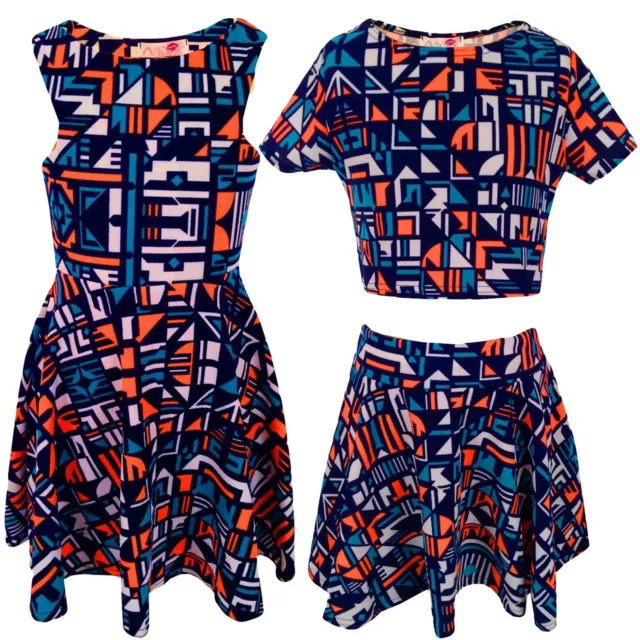 Kids Girls Orange & Blue Aztec Print Skater Skirt Midi Dress Crop Top Legging