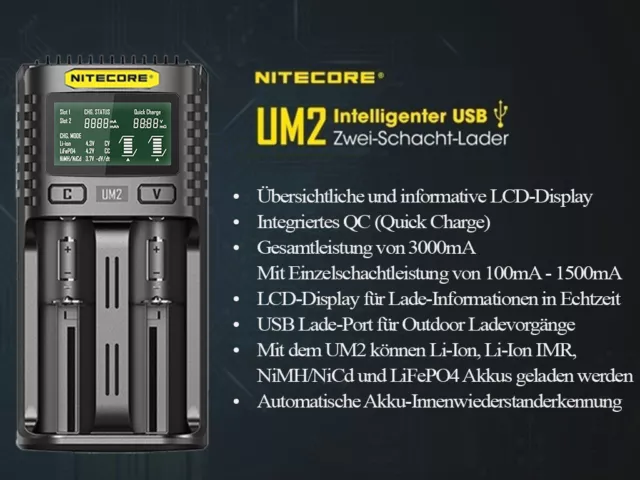 Nitecore UM2 - 2-Schacht USB Ladegerät für Li-Ion, LiFePo4, Ni-MH, Ni-CD Akkus