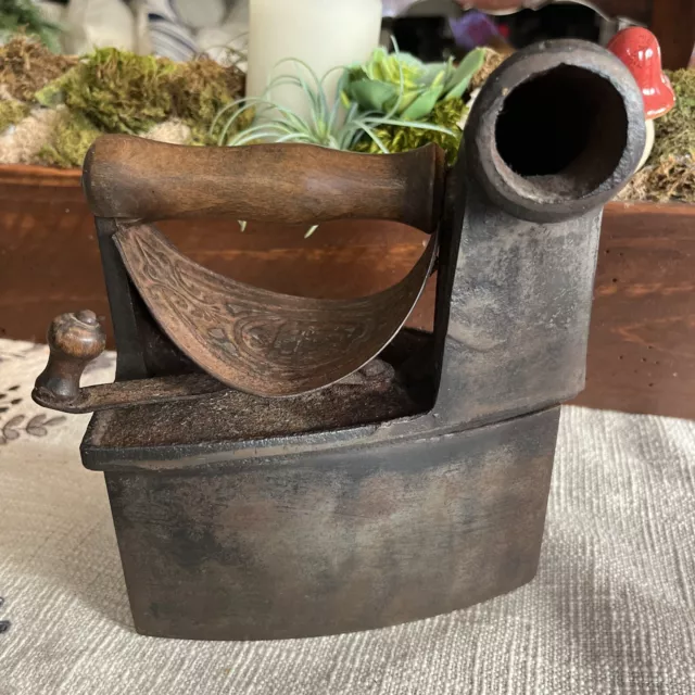 Antique French Cast Iron Mondragon Charcoal  Sad Iron 6 1/2 Heat Shield