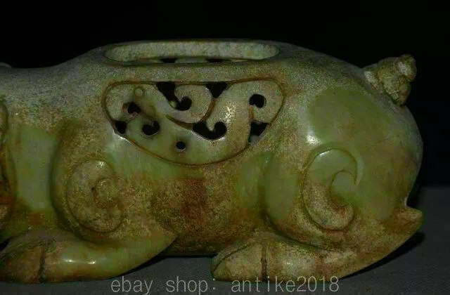 23CM Chinese Old jade Hand Carved Zodiac Pig Animal Statue Vessel Pot Jar Censer 3