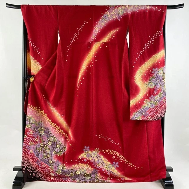 Woman Japanese Kimono Furisode Silk Tsujigabana Gold Thread Foil Red 173.5cm