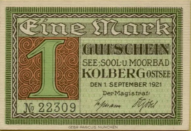 4740: Banknote Notgeld Gutschein 1 Mark Kolberg Ostsee Pommern 1921