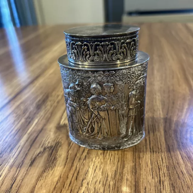 Antique  Derby Silver Co Tea Caddy with Intricate Repousse Wedding Scene