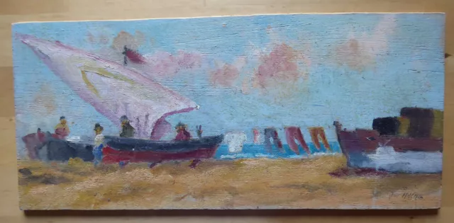 Peinture à Huile Table Marine Mer Paysage Espagne Signé tableau Vintage MD1