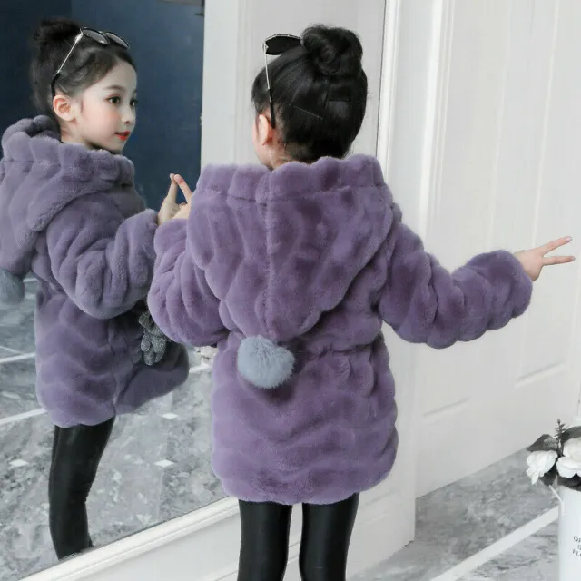 Girls Winter Warm Hooded Outerwear Girls Faux Fur Coat Zip Lovely Jacket Parka#