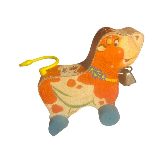 VINTAGE 1960 FISHER price bossy bell cow wooden pull toy 11.39