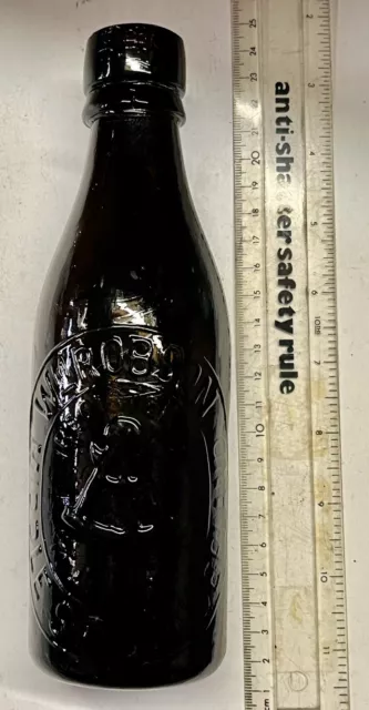 1890’s Black Glass Pictorial 1/2 Pint Beer Bottle - Masonic - ROBSON (J512)