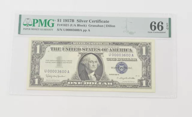 Gem UNC 66 EPQ 1957-B $1 Silver Certificate - FR#1621 PMG 3600 LOW Serial *6590