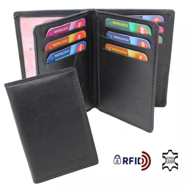 Echt Leder Kartenetui Dokumentenmappe Ausweisetui Brieftasche RFID-Safe Schwarz