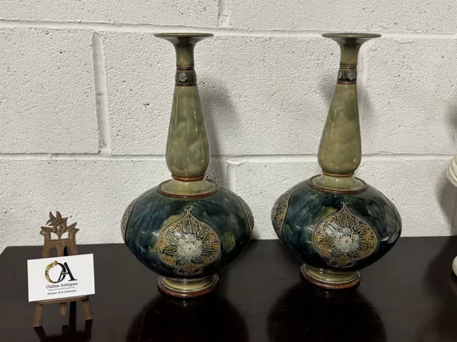 Large Pair of early 20thC Royal Doulton Art Nouveau Vases in Blue & Green Glaze