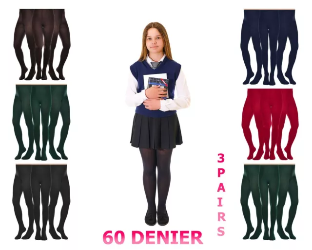 Girl's Back To School Opaque Tights 60 Denier BLACK RED GREEN 3 PACK  9-16 Years