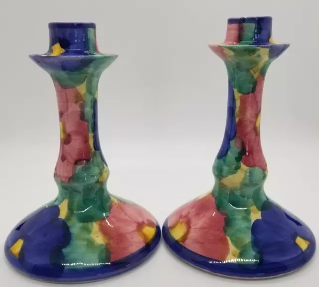 VTG Set of 2 Candle Holders Floral Blue Pink Yellow Made in Spain