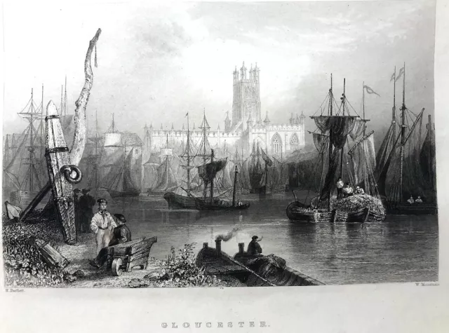 Gothic GLOUCESTER CATHEDRAL CHURCH HARBOR River Severn, 1840 Art Print Engraving