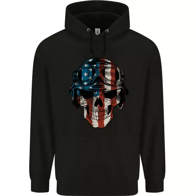 Felpa con cappuccio 80% cotone bandiera USA biker teschio moto da uomo 80% cotone