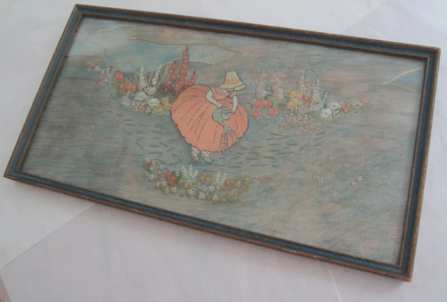 Tapiz de bordado extraño enmarcado vintage - jardín de riego para niña con estanque