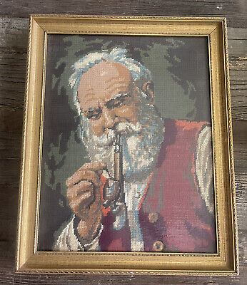 Vtg Santa German smoking Pipe Framed Needlepoint 17x21 Old Man Beard
