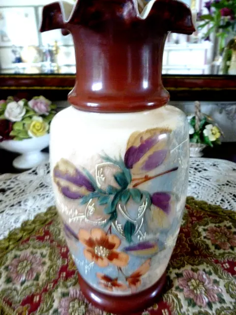 Antique Victorian Bristol  Opaque Glass Multicolor Hand Painted  Vase C.1890