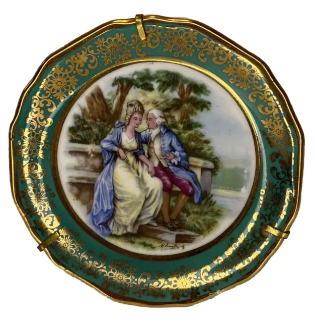 Limoges France Couple Miniature Decorative Plate 3in Gold Trim Stand Lot of 2