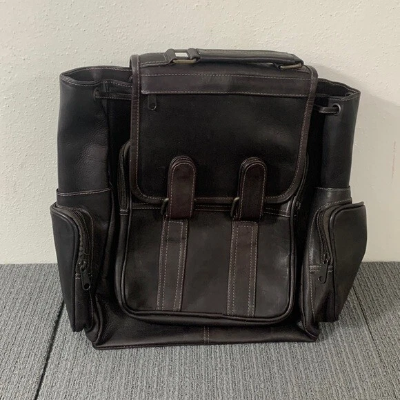 Backpack Unisex Dark Brown Leather Top Handle Double Loop Flap-Over Drawstring