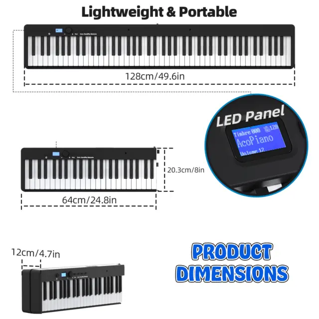 Foldable Piano Keyboard 88 Keys Full Size Semi-Weighted Bluetooth Midi Pedal 3