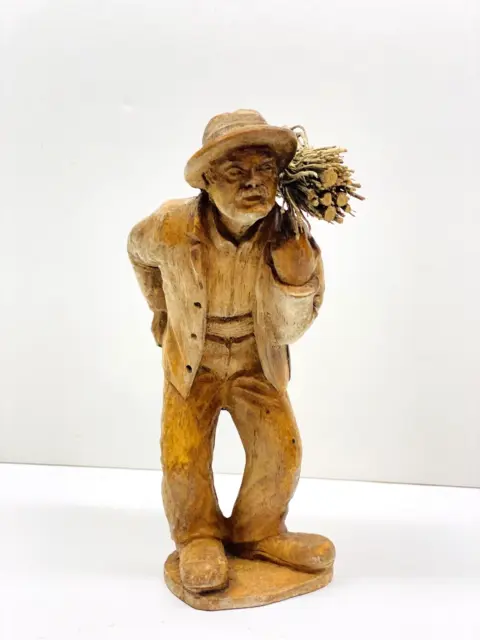 Vintage Hand Carved Wooden French Man Figurine Carrying Sticks 6.75" tall