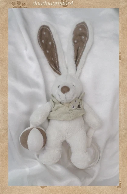 Doudou Peluche Lapin Blanc Et Marron Haut Beige Ballon Anneau Pommette