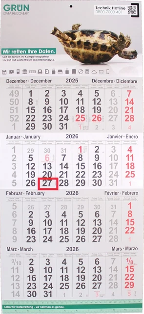 3 - Monats Wandkalender 2026 - H 49/B 30cm - Frei Haus Sofortversand