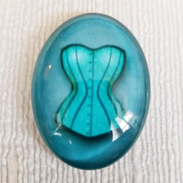 Victorian French Corset Lingerie Graphic Blue Glass Oval Cabochon 40x30mm