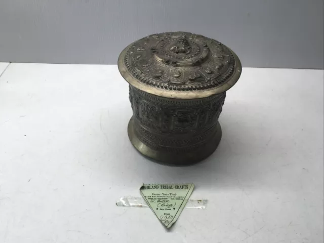 Vintage Betel Nut Box Burma ?? Round Old Burmese W Lid Animals Budda Thai ? Rare