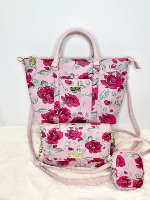 BETSEY JOHNSON PINK Floral Satchel and Crossbody Purse w Airpod case ...