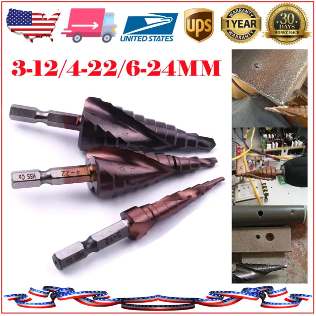 3x M35 HSS Co Step Drill Bit Set Cobalt Cone Drill Bits 3-12/ 4-22/ 6-24mm US
