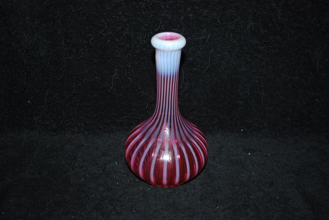 Great Victorian Northwood Hobbs Cranberry Opalescent Stripe Barber Bottle 1890'S