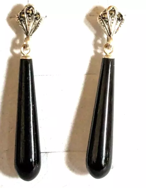 Antique white metal ( silver)Whitby Jet and marcasite drop earrings