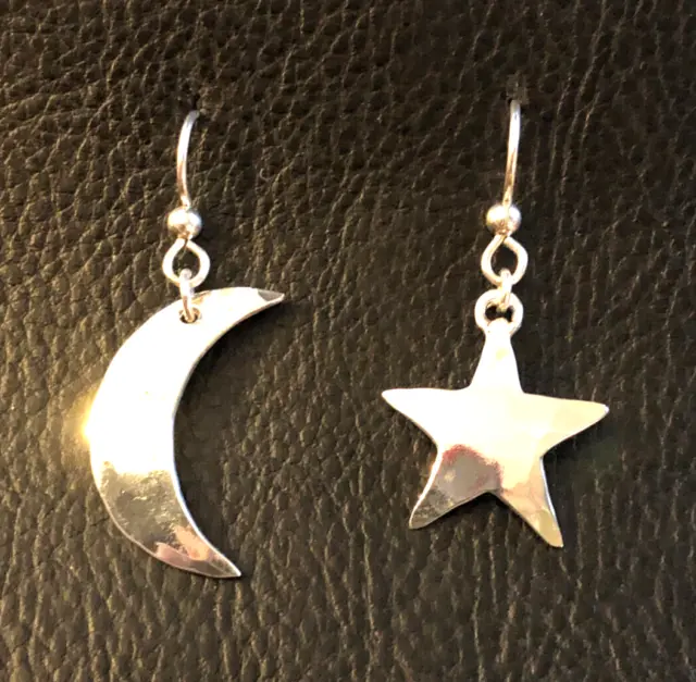 VTG Sterling Silver Earrings Moon Star Hammered Signed 925 1.6" 3g #4907