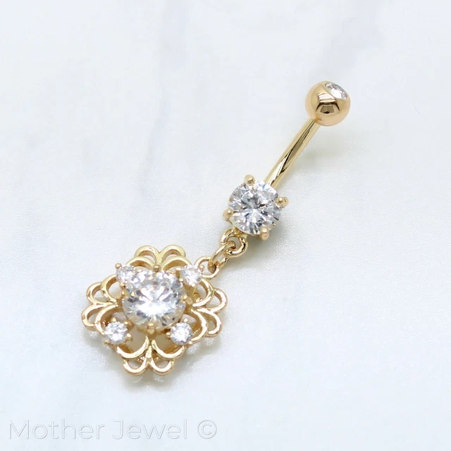 14K Yellow Gold Triple Plated Filigree Square Floral Dangle Cz Belly Navel Ring 2