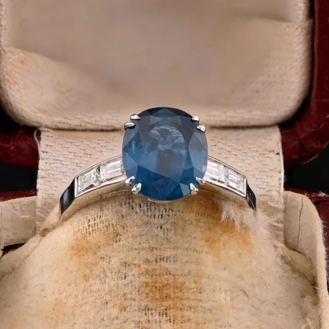 Estate Natural No Heat 3.31 Ct Blue Sapphire Diamond Engagement Solitaire Ring