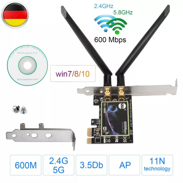 600Mbit/s WLAN WiFi Adapter Karte PCIe PCI-Express 2,4GHz/5GHz Dualband Netzwerk