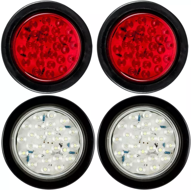 4" Inch Red 28 LED Round Stop Turn Tail Backup Truck Light Kit - 2 Red & 2 White