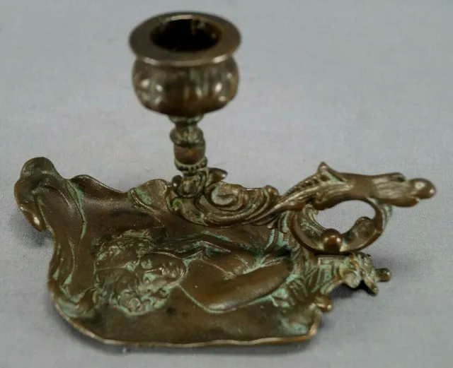 Late 19th Century Art Nouveau Figural Lady Bronze Chamber Stick / Candle Stick