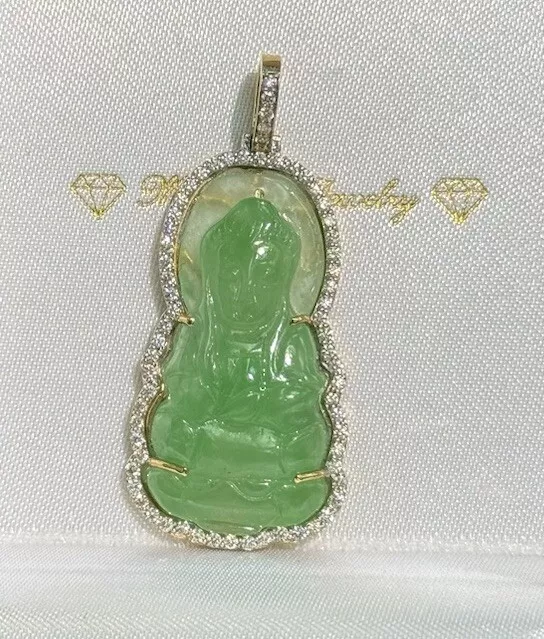 18k Solid Gold Guan Yin / Lady Buddha Jade Pendant & Natural VVS Diamond 0.66CT