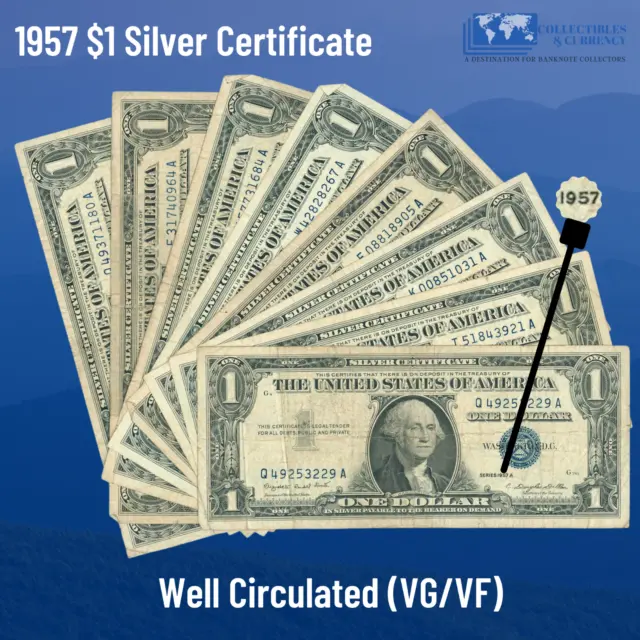 (100) 1957 Blue Seal $1 Dollar Silver Certificate, VG/VF, Old US One Dollar Bill 3