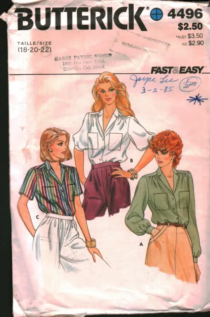 4496 Vintage Butterick Sewing Pattern Misses 1980's Very Loose Fitting Blouse 22