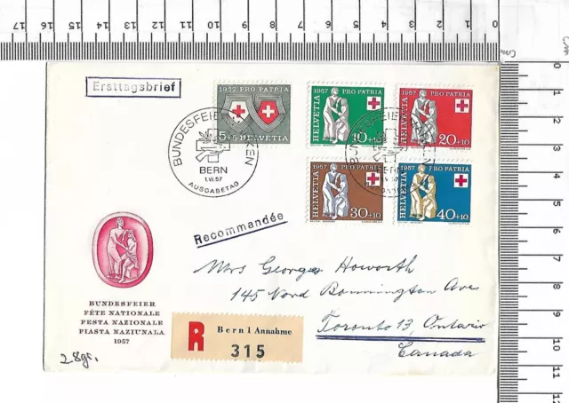 FDC Bern 1.vi.57 Pro Patria Bundesfeier nach Toronto Canada Einschreiben ; 61700