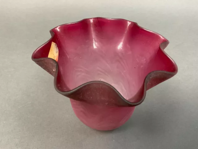 VINTAGE ANTIQUE GLASS LAMP Bell SHADE - 2.25” FITTER  Cranberry Ruffled Edge